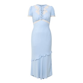Self-Portrait blue midi dress with lace trim bodice, short puff sleeves, sweetheart neckline, and ruffled asymmetric hem