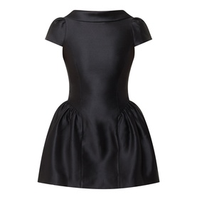 Self-Portrait black mini dress with cap sleeves, folded collar, fitted bodice and full pleated skirt, rear view
