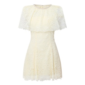 Self-Portrait yellow lace mini dress with cape overlay, crew neck, short sleeves, and A-line skirt with scalloped hem