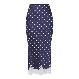 Self-Portrait navy polka dot midi skirt with white lace hem trim, fitted silhouette in satin-finish fabric