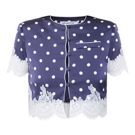 Self-Portrait navy polka dot satin crop top with white lace trim hem and cuffs, short sleeves, button front, chest pocket