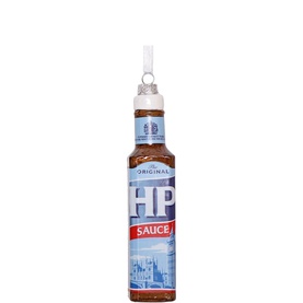 Studio Thie HP Sauce Bottle Glass Tree Decoration 14cm, hand-painted glass ornament with hanging loop, multicoloured bottle detailing