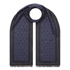 Valentino silk scarf in nero and blu navy, featuring all-over geometric diamond jacquard pattern with contrast border and fringe ends