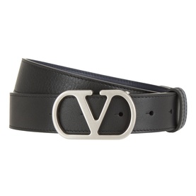 Valentino V-Logo Signature Reversible Leather Belt in black calfskin with silver-tone VLogo buckle and smooth finish