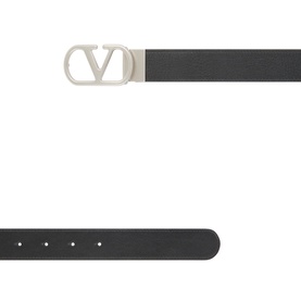Valentino V-Logo Signature Reversible Leather Belt in black calfskin, silver-tone VLogo buckle, smooth finish with rounded tip, shown flat and coiled.