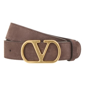 Valentino VLogo leather belt in Testa di Moro with antique gold-tone buckle, smooth suede texture