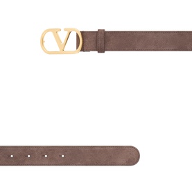 Valentino VLogo Signature belt in Testa di Moro brown suede leather with gold-tone buckle, shown flat front and back.