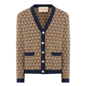 Valentino camel wool cardigan with navy V-neck trim, diamond jacquard pattern, front pockets, and gold-tone buttons