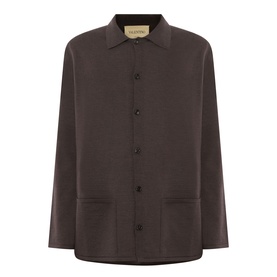 Valentino Patch Pocket Knitted Polo Cardigan in brown, polo collar, button fastening, two front patch pockets, long sleeves