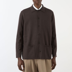 Model wearing Valentino Patch Pocket Knitted Polo Cardigan in brown, with polo collar, button front and patch pockets, styled with beige trousers.