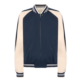 Valentino navy casual jacket with cream raglan sleeves, striped rib collar, cuffs and hem, full zip fastening