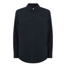 Valentino Chest Pocket Zip Overshirt in storm blue wool, point collar, dual zip chest pockets, front zip closure, curved hem