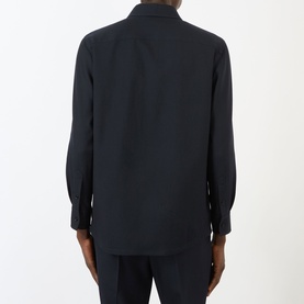 Model wearing Valentino Chest Pocket Zip Overshirt in storm blue wool, back view, paired with matching trousers