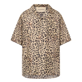 Valentino Multicolor Animalier silk casual shirt with leopard print, short sleeves, camp collar and chest pocket
