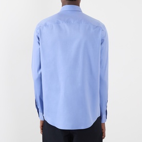 Model wearing Valentino casual shirt in Cloudless Sky blue, rear view, relaxed fit, 100% cotton with button cuffs