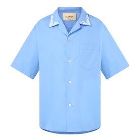Valentino Camica Maniche Bowling Casual Shirt in Celeste Denim, short sleeves, button front, patch pocket, printed spread collar detail