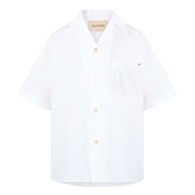 Valentino white cotton casual shirt with short sleeves, camp collar, chest pocket and V logo embroidery