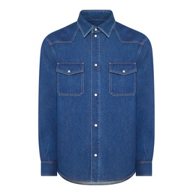 Valentino medium blue denim casual shirt with contrast stitching, snap-button fastening, and twin chest pockets