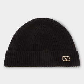 Valentino V-Logo Rib Knit Beanie Hat in black cashmere with turned-up brim and gold V-logo hardware detail.