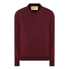Valentino Logo Knitted Polo Sweater in red wool with polo collar, three-button placket, long sleeves and ribbed trims