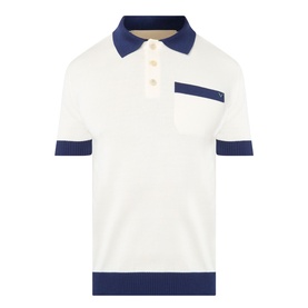 Valentino cream cotton polo shirt with navy contrast collar, cuffs, hem stripe, and chest pocket detail