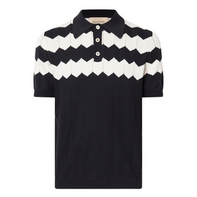 Valentino black cotton polo shirt with cream zigzag chevron knit panel across chest and shoulders, short sleeves, three-button placket
