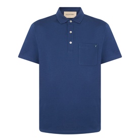 Valentino indigo cotton polo shirt with chest pocket, V logo embroidery, three-button placket and short sleeves