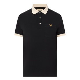 Valentino V-Logo Polo Shirt in black with contrast cream collar and cuffs, gold V-logo, short sleeves, button placket
