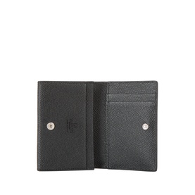 Valentino black leather wallet open, showing card slots, coin pocket with press stud, and silver-tone hardware detail