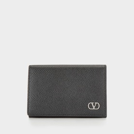 V-Logo Grained Leather Card Holder