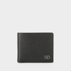 Valentino V-Monogram Bifold Wallet in black grained leather with silver-tone VLogo hardware, bifold style