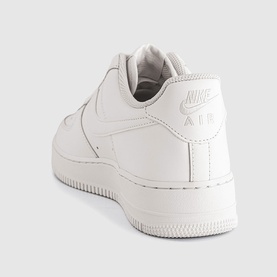 Nike Air Force 1 trainer in Sail, leather upper, tonal Swoosh and Air branding, white rubber cupsole, rear three-quarter view