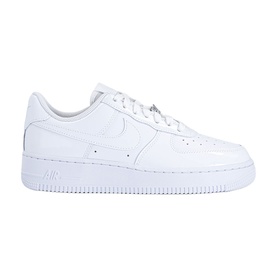 Nike Air Force 1 trainer in white patent leather, iconic Swoosh logo, flat white rubber sole, low-top silhouette