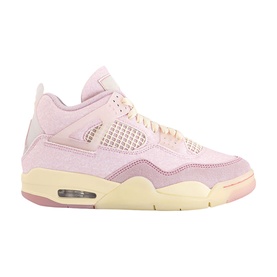 Nike Air Jordan 4 women's high-top trainer in Iced Carmine pink, textured suede upper, mesh panelling, cream midsole and air unit visible at heel.