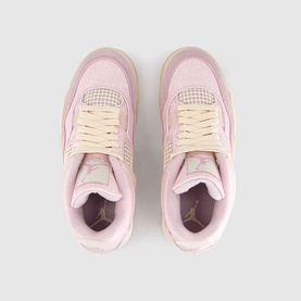 Nike Air Jordan 4 women's trainers in Iced Carmine, pink suede upper with cream lace cage, top-down view