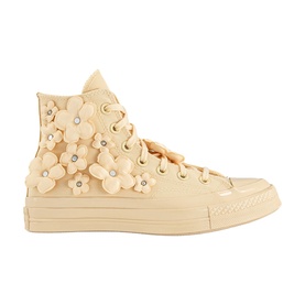 Converse high-top trainer in Golden View, featuring 3D floral appliqu&eacute;s with rhinestone centres on canvas upper, tonal laces and sole