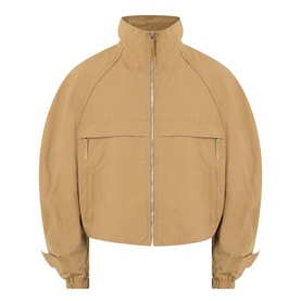 Acne Logo Technical Bomber Jacket in dark khaki with funnel neck, front zip fastening, tabbed cuffs, and two zip front pockets
