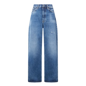Acne 1981 U Vintage Wide-Leg Jeans in mid blue with whiskering, wide leg, five-pocket styling and concealed button fly