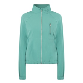 Adanola Eucalyptus Green zip-up jacket with funnel neck, silver zip, and small chest zip pocket