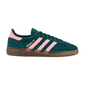 Adidas Handball Spezial trainers in collegiate green and pink, suede upper with three pink stripes, gold branding, gum sole