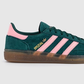 Adidas Handball Spezial trainers in collegiate green and pink suede with gold branding and gum sole
