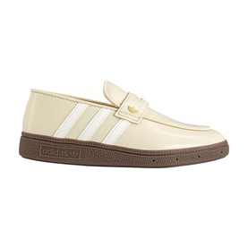 Adidas cream patent leather loafer trainer with white three-stripe detail, gold buckle, and brown gum sole