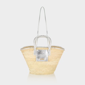 Jacquemus silver basket bag in woven palm leaf with silver leather top handles and front pouch detail