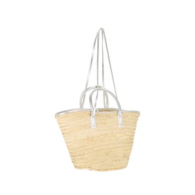 Jacquemus silver basket bag in woven palm leaf with long silver leather handles and trim, tote silhouette