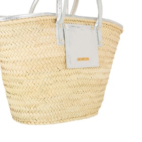 Jacquemus silver basket bag in woven palm leaf with silver leather top handles and branded patch detail