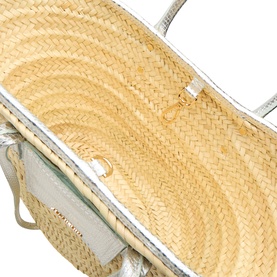 Jacquemus silver basket bag, natural woven palm leaf interior detail with silver leather trim and gold-tone hardware visible