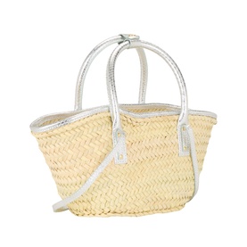 Jacquemus Le Petite Panier Soli Basket Bag in natural palm leaf weave with silver leather top handles, contrast metallic panels and shoulder strap