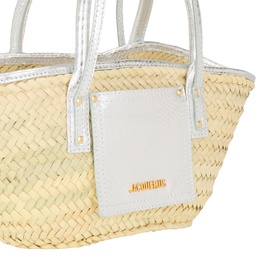 Jacquemus Le Petite Panier Soli Basket Bag in silver, woven palm leaf with metallic leather panels, top handles and gold-tone logo badge