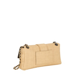 Jacquemus Le Bambino Chaine Shoulder Bag in Natural woven leather, gold-tone chain strap, flap closure, rear pocket, side view.