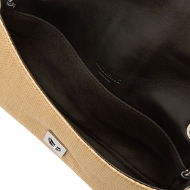 Jacquemus Le Bambino Chaine Shoulder Bag in Natural, open flap view showing black leather interior lining and silver-toned hardware detail.